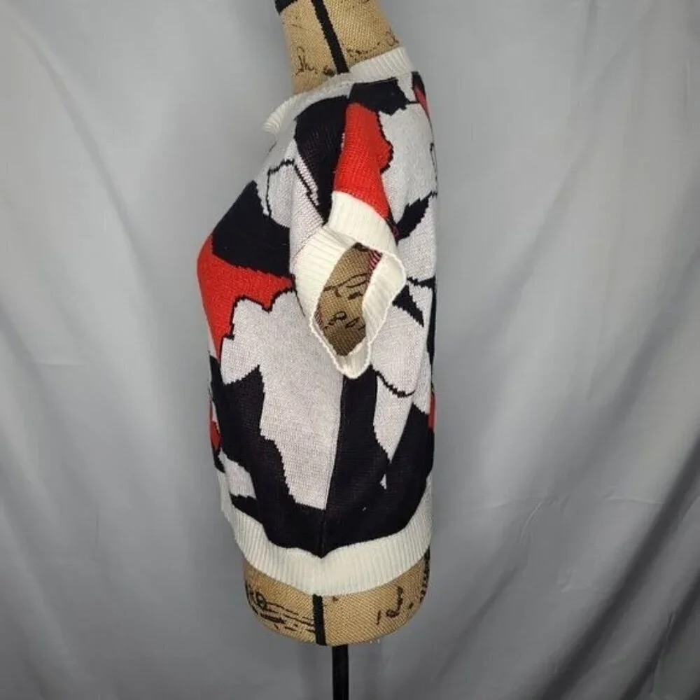 Vintage 70's Abstract Black White Red Sweater Short Sleeve Top - Picture 2 of 8